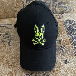 Psycho Bunny Black Cap with Neon Lime Skull Bunny Patch unisex